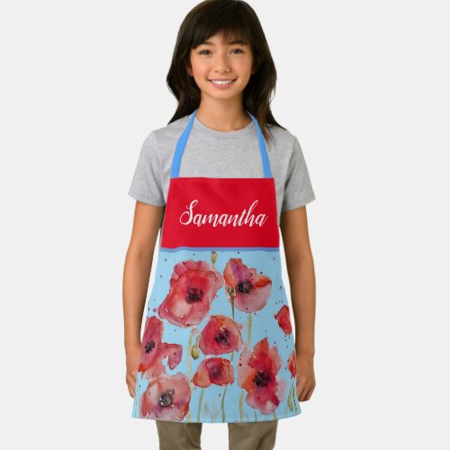 Poppy Poppies Red Watercolor Kids Girls Floral   Apron