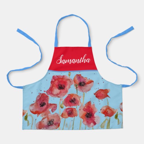 Poppy Poppies Red Watercolor Kids Girls Floral   Apron