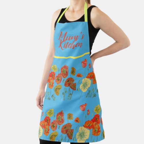 Poppy Poppies Red Watercolor Mums Blue Floral Apron