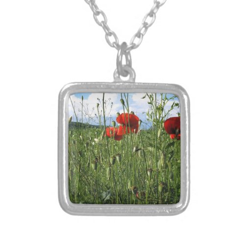 Poppy Prairie Photograph Silver Plated Necklace