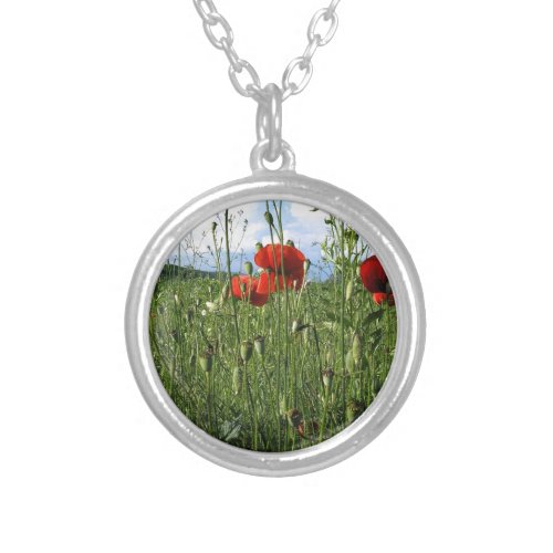 Poppy Prairie Photograph Silver Plated Necklace