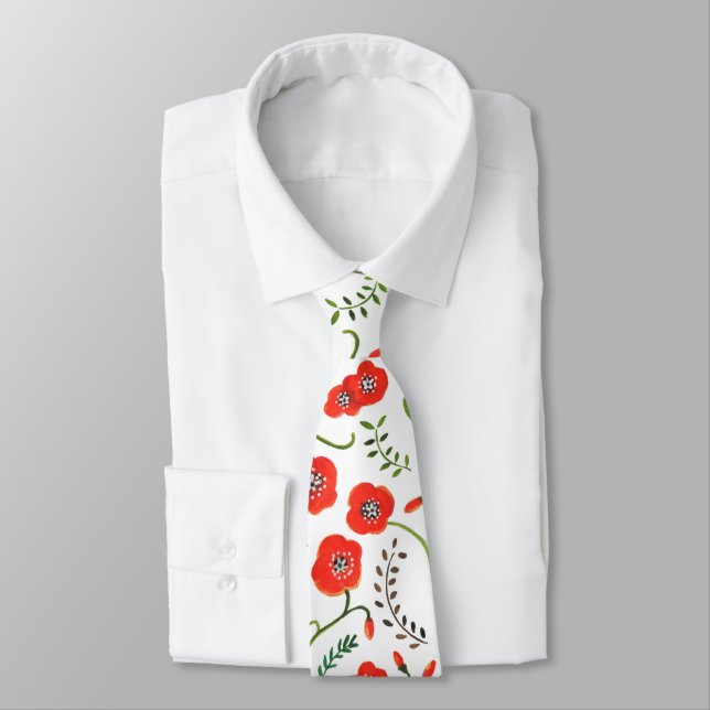 Poppy red floral wedding neck tie (Tied)