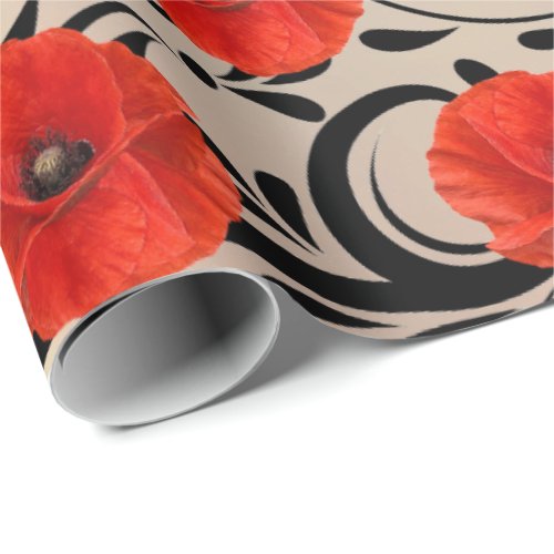 Poppy Red Flower Black Glam Glam Stripes Copper Wrapping Paper