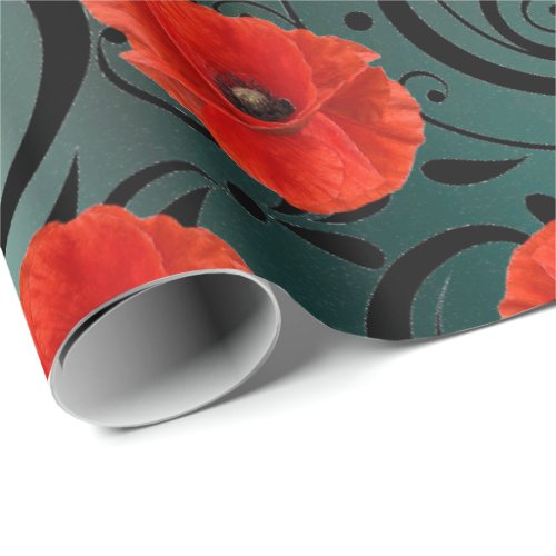 Poppy Red Flower Black Glam Glam Stripes Teal Wrapping Paper