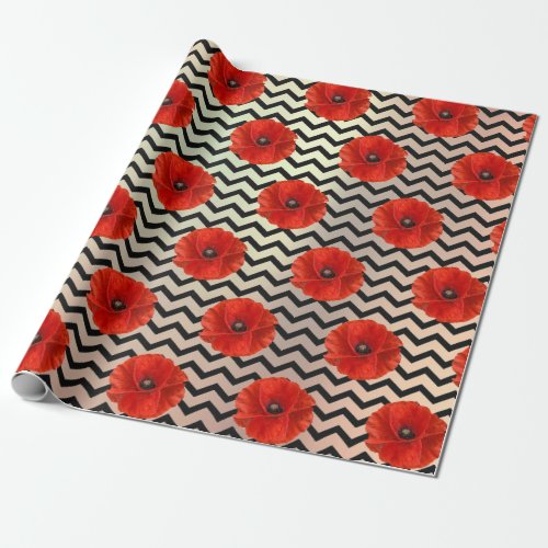 Poppy Red Flower Black White Glam Chevron Copper Wrapping Paper