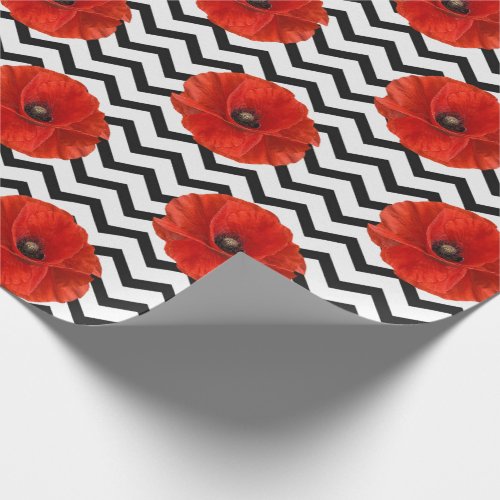 Poppy Red Flower Black White Glam Chevron Lines Wrapping Paper
