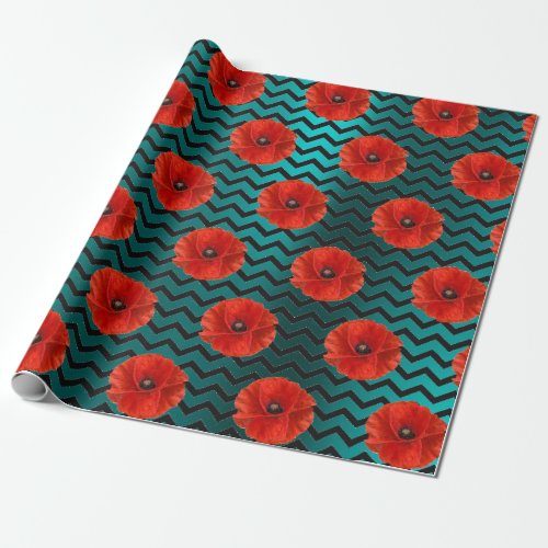 Poppy Red Flower Black White Glam Chevron Teal Wrapping Paper