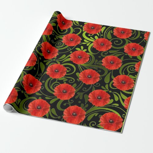 Poppy Red Flower Black White Glam Metallic Green Wrapping Paper