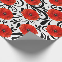 Poppy Red Flower Black White Glam Stripes Chic Wrapping Paper