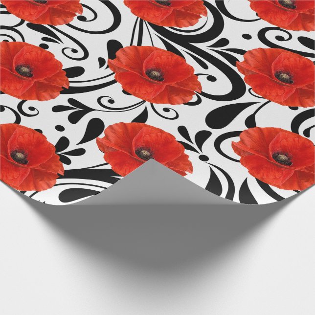 Poppy Red Flower Black White Glam Stripes Chic Wrapping Paper (Corner)