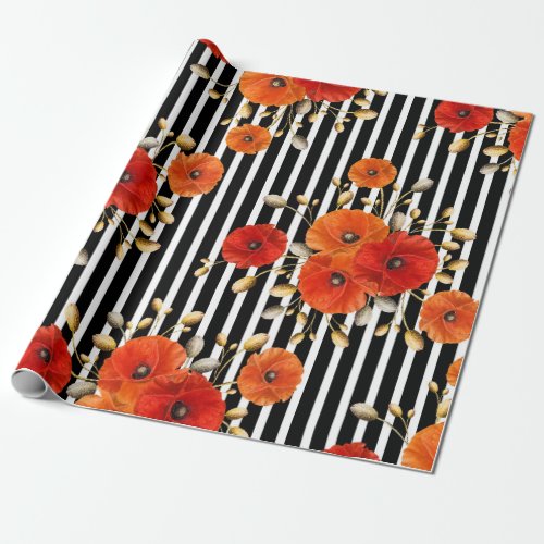 Poppy Red Flower Black White Glam Stripes Glam VIP Wrapping Paper