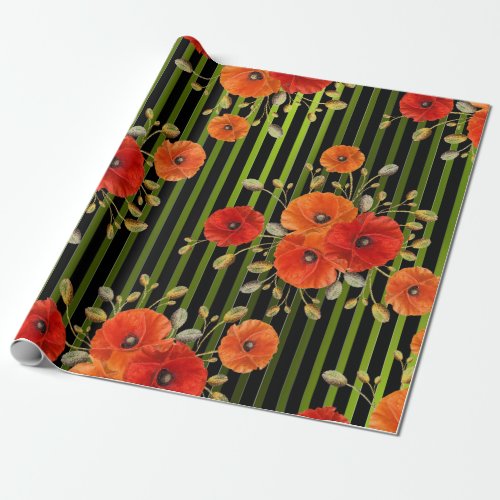 Poppy Red Flower Black White Glam Stripes Green Wrapping Paper