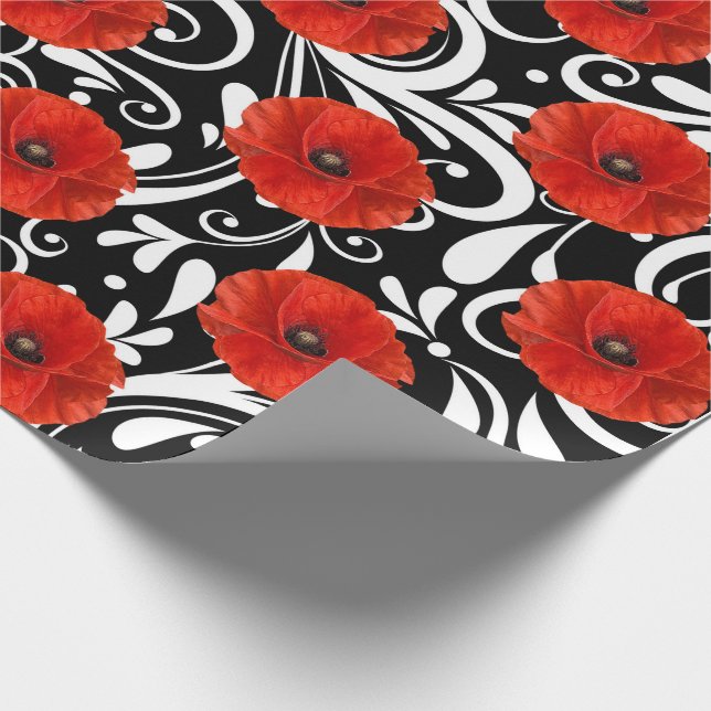 Poppy Red Flower Black White Glam Wrapping Paper (Corner)