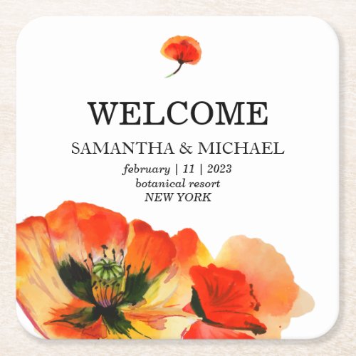 Poppy Red Flower Classic Wedding Welcome Square Paper Coaster