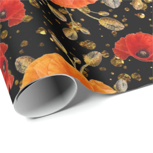 Poppy Red Flower Glam Black Gold Confetti Wrapping Paper