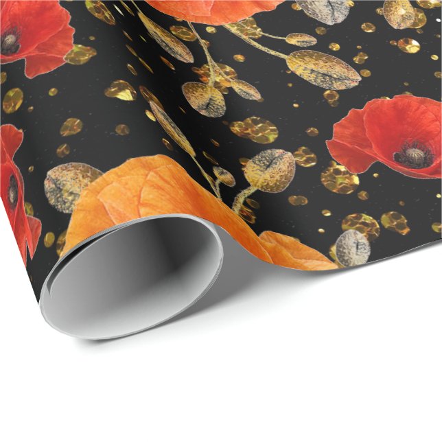 Poppy Red Flower Glam Black Gold Confetti Wrapping Paper (Roll Corner)