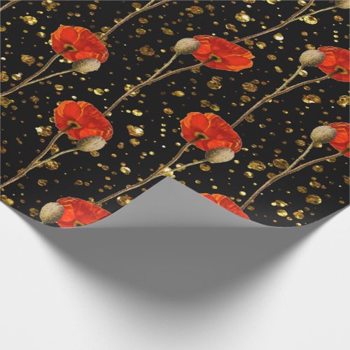 Poppy Red Flower Orange Glam Black Gold Confetti Wrapping Paper