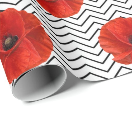 Poppy Red Flower Orange Glam Black White Chevron Wrapping Paper