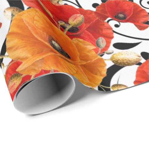 Poppy Red Flower Orange Glam White Black Meadow Wrapping Paper