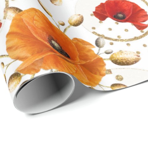 Poppy Red Flower Orange Glam White Gold Metallic Wrapping Paper