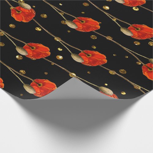 Poppy Red Flower Stripes Glam Black Gold Confetti Wrapping Paper