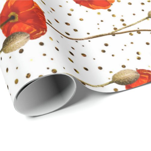 Poppy Red Flower Stripes Glam White Gold Confetti Wrapping Paper