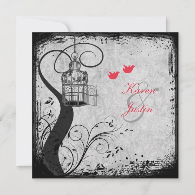Poppy Red, Gray Birdcage Lovebirds Wedding Invite (Front)