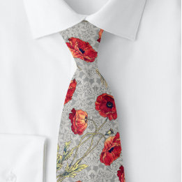Poppy Red Gray Botanical Doily | Neck Tie