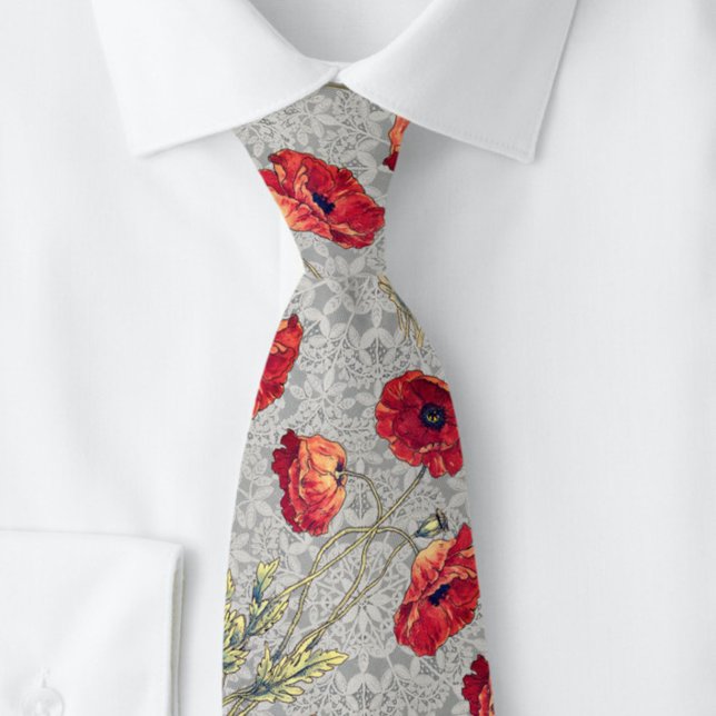 Poppy Red Gray Botanical Doily | Neck Tie (Creator Uploaded)