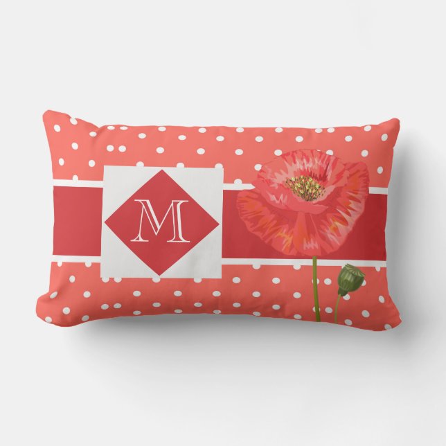 Poppy Red Polka Dot Monogrammed Garden Outdoor Pil Lumbar Pillow (Front)