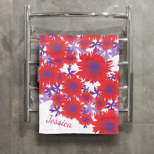 Poppy red purple and white floral name hand towel 