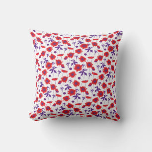 Poppy red, purple and white throw pillow