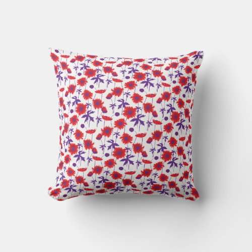 Poppy red purple and white throw pillow
