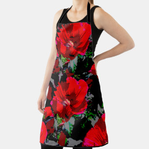 Poppy Red Retro Floral Design Apron