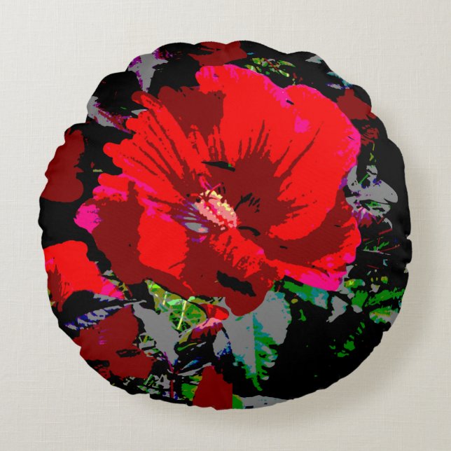 Poppy Red Retro Floral Design Round Pillow (Front)