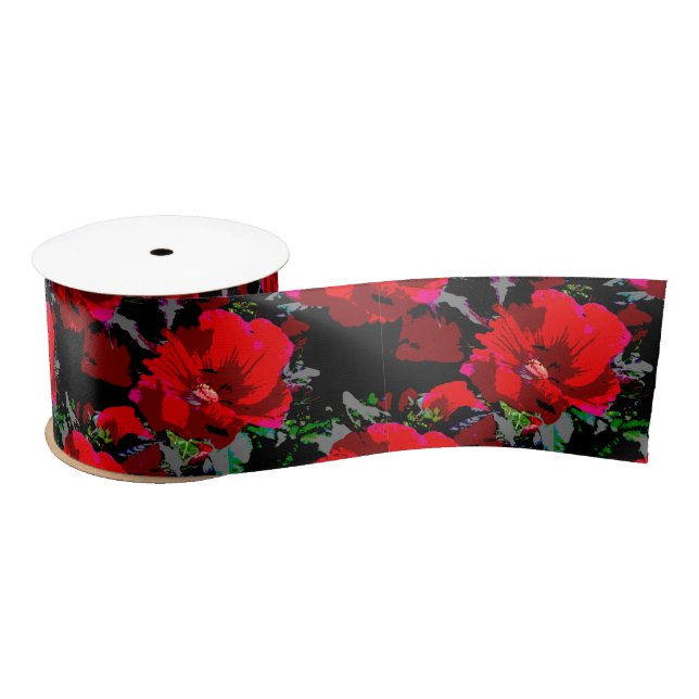 Poppy Red Retro Floral Design Satin Ribbon (Spool)