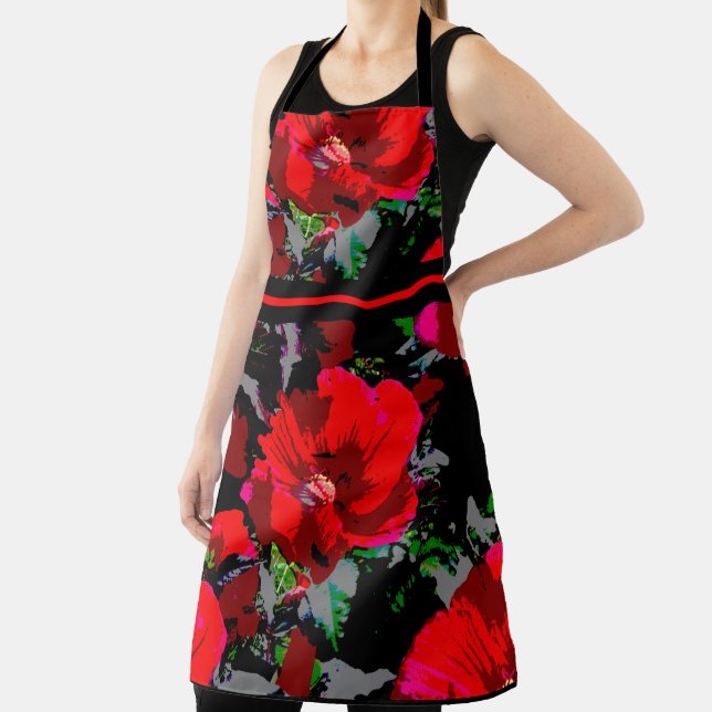 Poppy Red Retro Floral Design with strip Apron (Insitu)