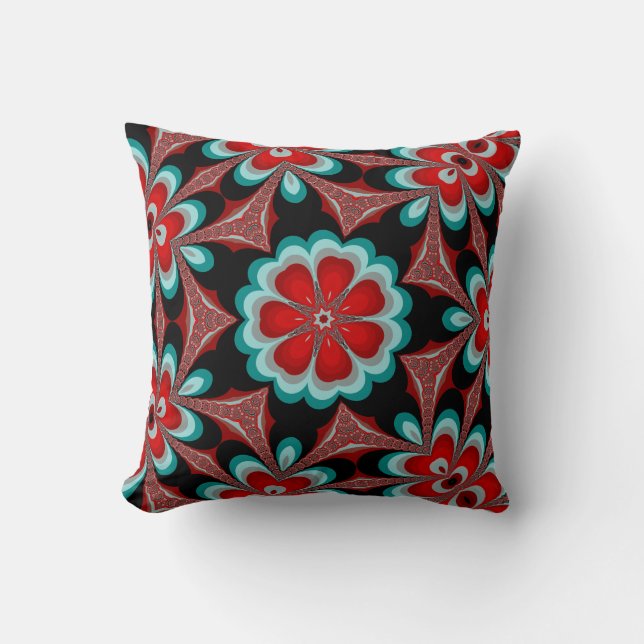 Poppy Red Teal and Black Flower Throw Pillow (Front)