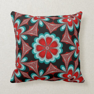 Poppy Red Teal and Black Flower Throw Pillow