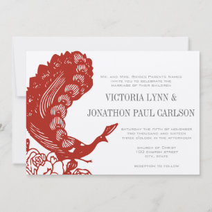 Poppy Red Vintage Modern Peacock Wedding Invite