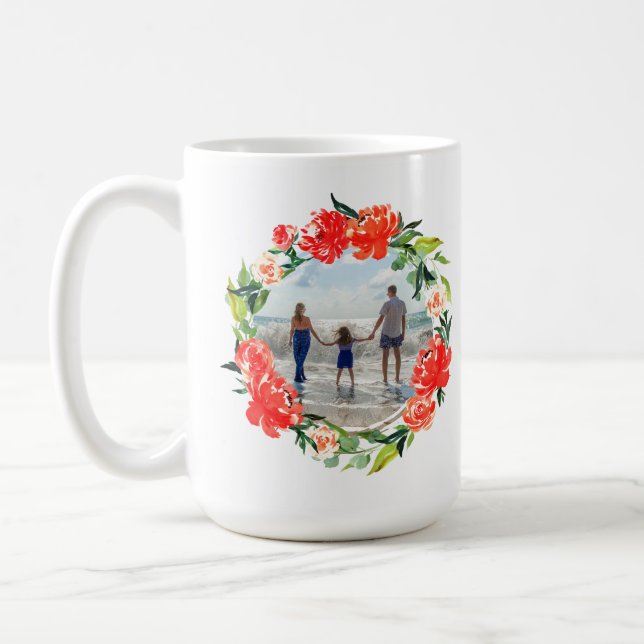 Poppy Red Watercolor Floral Wreath Photo Coffee Mug (Left)