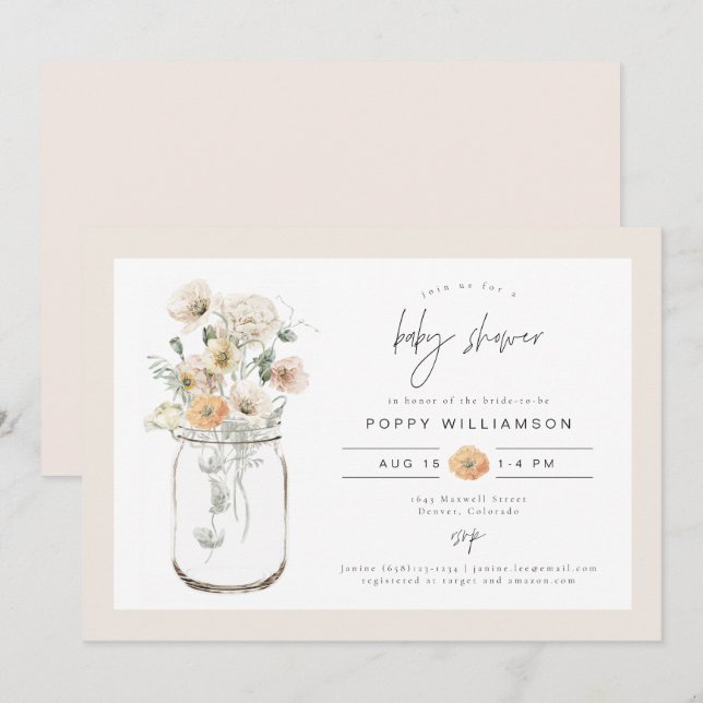 POPPY Rustic Wildflower Mason Jar Baby Shower Invitation (Front/Back)