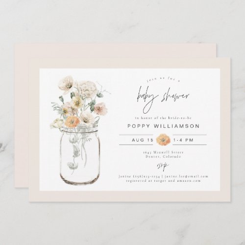 POPPY Rustic Wildflower Mason Jar Baby Shower Invitation
