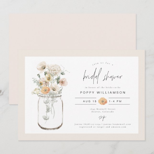 POPPY Rustic Wildflower Mason Jar Bridal Shower Invitation (Front/Back)