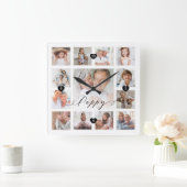 Poppy Script Family Memory Photo Grid Collage Square Wall Clock (Home)