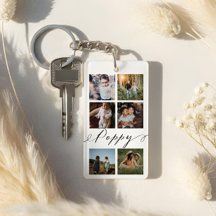Poppy Script Grandchildren Photo Grid Collage Keychain