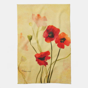 Poppy Shadows Red Poppies Watercolor Kitchen Towel