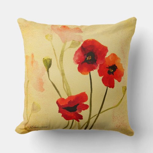 Poppy Shadows Red Poppies Watercolor Throw Pillow