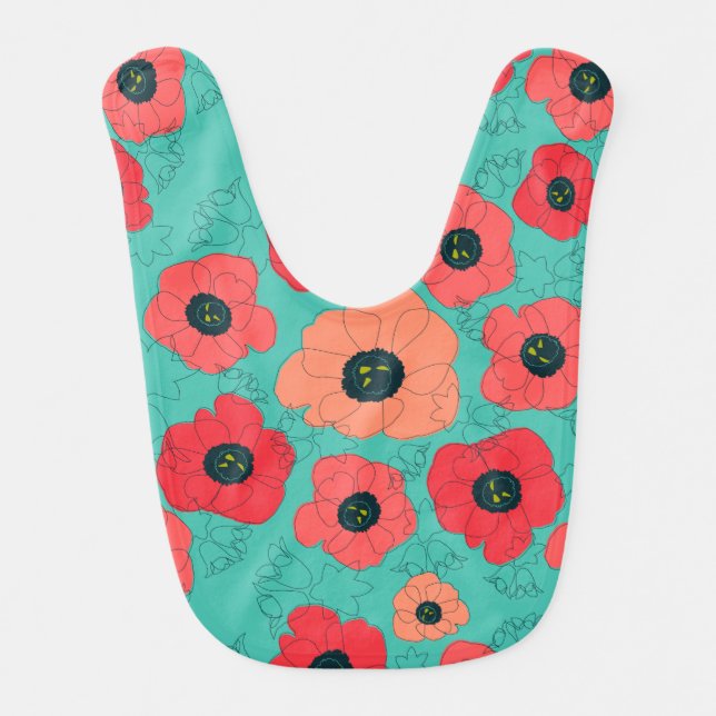 poppy spin coral on teal baby bib (Front)