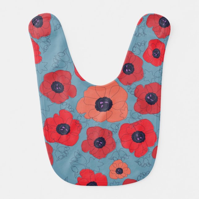 poppy spin red poppies blue background bib (Front)